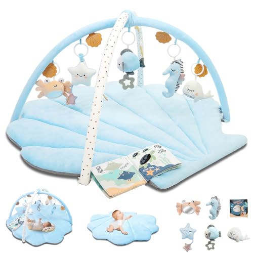 Image of Baby Play Gym Mat, Oversize Tummy Time Activity Mat for Babies 0-6 Months, Shells Baby Play Mat with 6 Detachable Toys, Baby Essentials Mat for Floor Sensory Exploration Motor Skill Development (Blue)