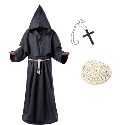 KEELYY Mönch Robe Priester Kostüm Herren Halloween Kostüm mit Kapuze und Kreuz, Mönch Priester Gewand Männer Mönchskutte für Halloween, Karneval, Mittelalterliche, Renaissance,Schwarz-M