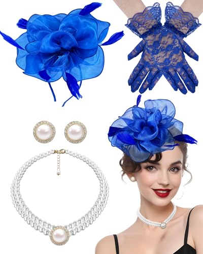 4 PCS Tea Party Hat with Lace Gloves 1920s Vintage Fascinator Hats Cocktail Flower Headpiece (Royal Blue)