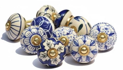 owlKraft Handmade Indian Ethnic Blue Ceramic Stone Cabinet Knobs,Vintage Decorative Drawer Pulls for Trendy Cabinets,Modern Dressers & Cupboards, Knobs for Kitchen & Furniture-Set of 10