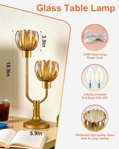 Image of Lightdot Mid Century Modern Table Lamp Amber Glass Vintage Lamp Dimmable | Flower Nightstand Lamp Gold Desk Lamp 2 Bulbs Included Warmwhite Ambient Bedside Lamp for Bedroom Living Room Home Decor Gift