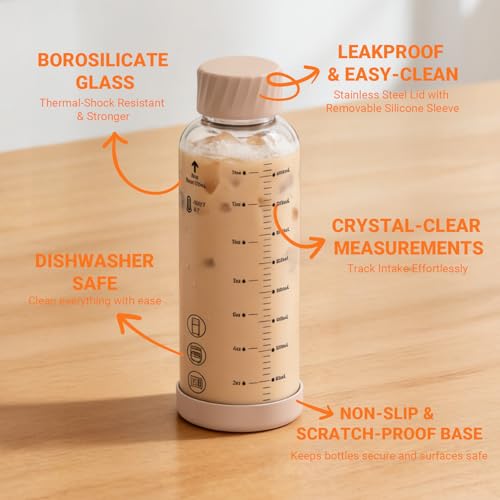 Luxfuel Garrafas de vidro de 473 ml com tampas, pacote com 4 garrafas de vidro borossilicato resistentes ao calor com tampa de aço inoxidável e base de silicone antiderrapante para sucos