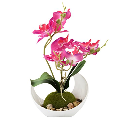 MyGift Synthetic Pink Orchid Artificial Flowers for Decoration in Curved Planter - Potted Fake Phalaenopsis Plants