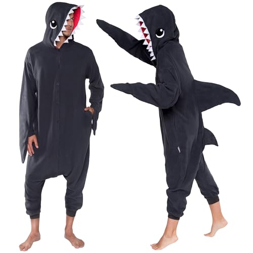 Funziez! Adult Onesie Halloween Costume - Animal Dinosaur Shark - Unisex Plush One Piece Cosplay Suit for Adults, Men and Women (X-Large, Grey Shark)