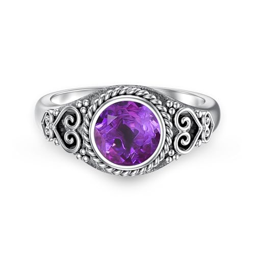 Natural Amethyst Promise Ring for Women 7mm Round Shaped Healing Amethyst Rings 925 Sterling Silver