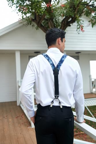 Image of HISDERN Suspenders for Men Paisley Floral Bow tie Suspender Pocket Square Sets Adjustable Y Shape 6 Clips Wedding Braces