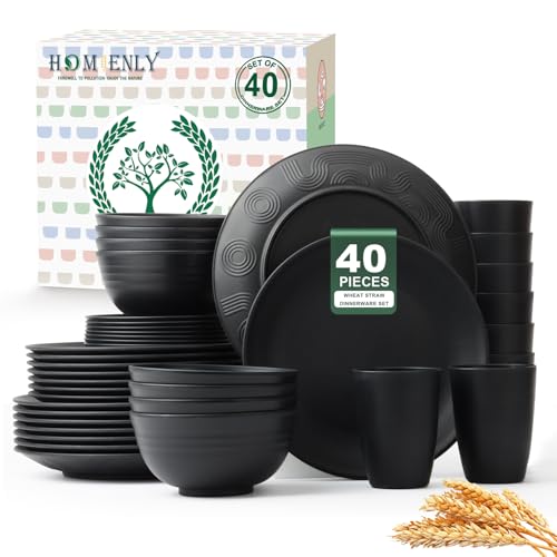 Image of Homienly 40-Pieces Wheat Straw Dinnerware Set, Kitchen Plastic Wheat Straw Dinnerware Set - Service for 8, Unbreakable Lightweight Dish Set for Kitchen, Camping - Plates Set, Bowls, Cups Set(Black)