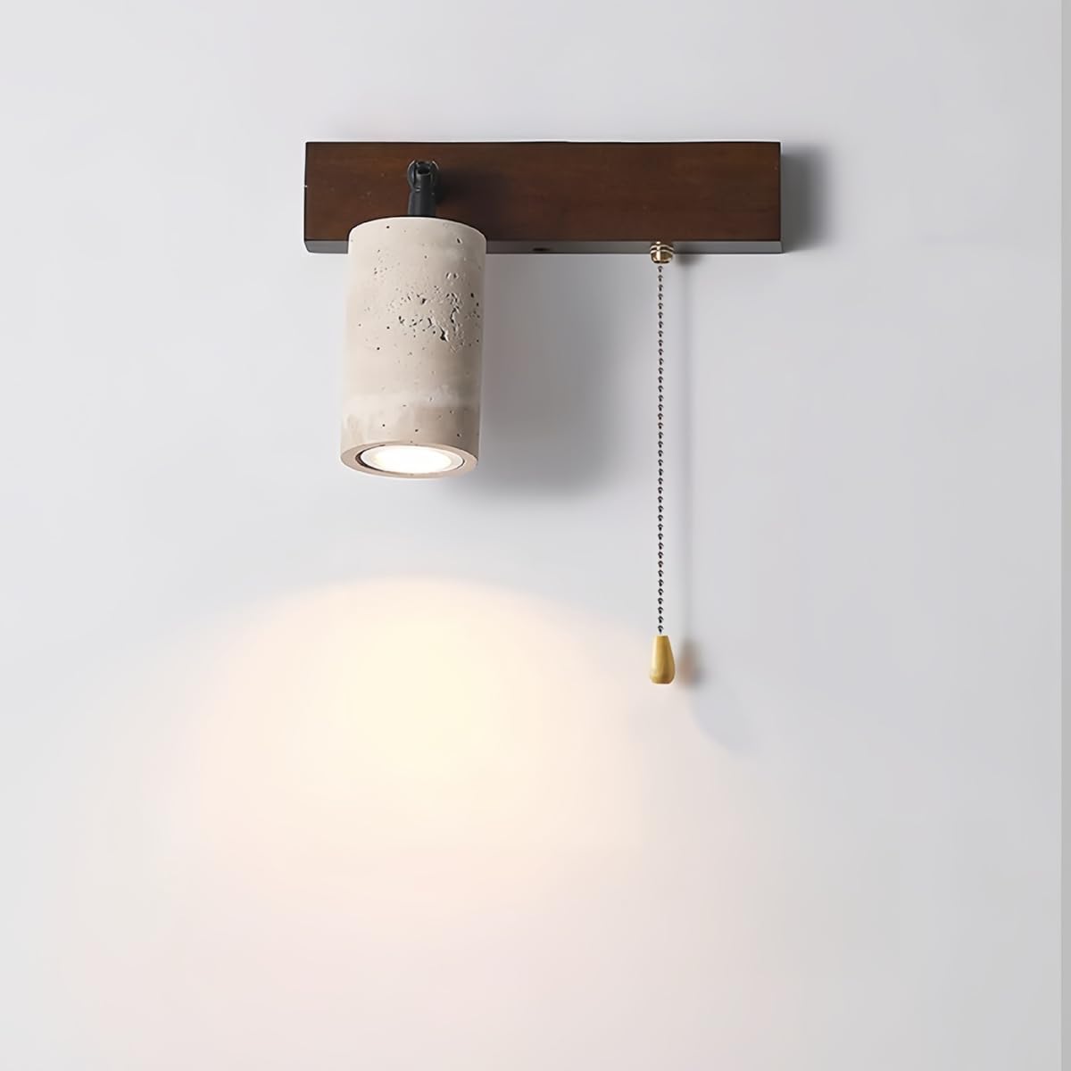 E27 Wooden Indoor Wall Light, 180° Adjustable, Living Room Wabi-Sabi Wall Light with Pull Switch, Vintage Wall Spotlight Retro Bedside Lamp in Yellow Travertine for Bedrooms Hallways and Staircases,B
