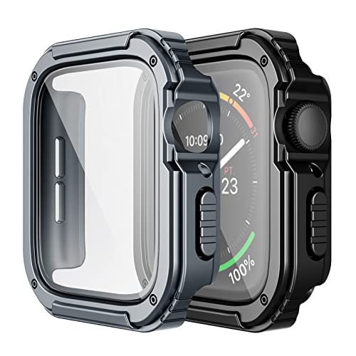 Adepoy 2 Pack Rugged Case Compatible for Apple Watch 45mm Series 9/8/7 with Tempered Glass Screen Protector, Military All Around Hard TPU Protective Cover Case Shockproof Bumper for iWatch Men 45mm
