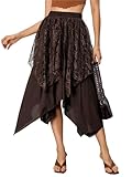 Picture of Verdusa Women's Lace Overlay Elastic Waist Asymmetrical High Low A Line Long Skirt Brown X-Large