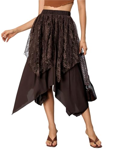 Verdusa Women's Lace Overlay Elastic Waist Asymmetrical High Low A Line Long Skirt