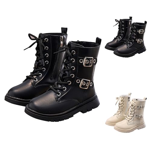 Kids Buckle Lace up Ankle Boots Black White Boys Girls Platform Rubber Sole Riding Booties Fashion Cool Cowboy Shoes (Black, 3.5 Big Kids)