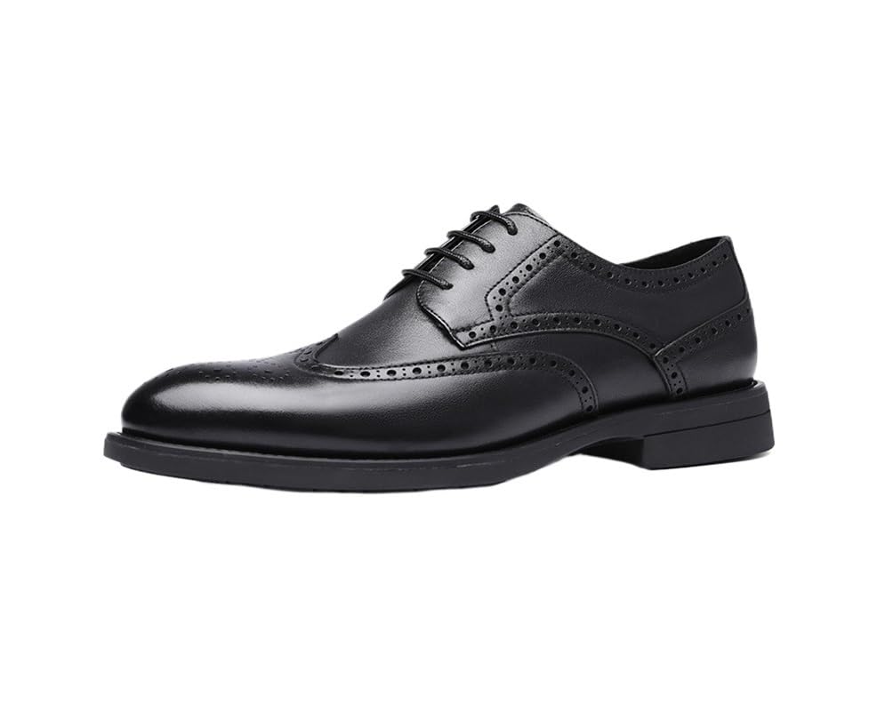 Dress Oxford Shoes for Men Lace Up Round Burnished Toe Brogue Embossed Wing tip Vegan Leather Low Top Non Slip Resistant Block Heel Rubber Sole
