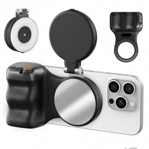 Magnetic Camera Grip & Selfie Light, Magnetic 3-in-1 Selfie & Beauty Light, Portable Phone Cameras Accessory for Fun Shots, Camera Grip Bundle Kit(Black Grip+Black Fill Light)
