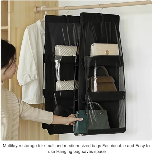 Image of Hanging Handbag Organizer - Multi-Compartment Purse Storage with Adjustable Hooks - Space-Saving Closet Organizer for Handbags, Purses, Wallets - Durable, Home (2 Pcs Black)