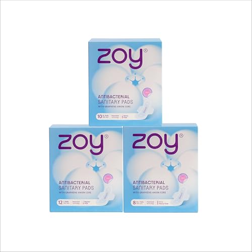 Image of ZOY Graphene Sanitary Pads for Women L,XL,XL+ Medium Flow, Heavy Flow,Extra Heavy Flow | Anti-Bacterial Protection | Rash-Free, High Absorbency, Breathable Cotton, Odour Control | Ultra Thin Leak Lock Pads | 30 Pads