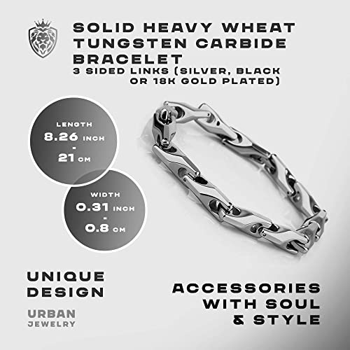 Urban Jewelry Unique Men's Solid Heavy Wheat Tungsten Carbide Bracelet that stands out - 3 Sided Links (Silver, Black or 18K Gold Plated) Smooth Finishing Touch
