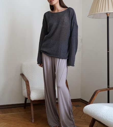 Image of Sweters for Women, Womens Sweater, O-Neck Solid Color See Through Pullover Jumper Shirt Beach