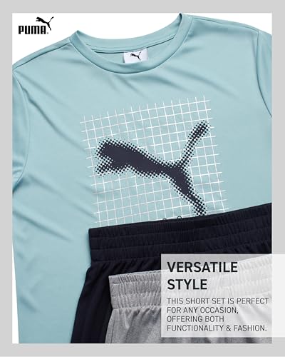 Image of PUMA Boys Active Short Set - 3 Piece Short Sleeve Logo Graphic Tee and Poly Interlock Mesh Shorts for Boys (Sizes: 4-16)