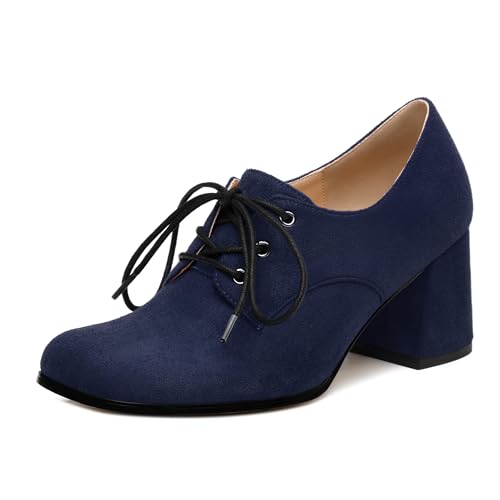 Women's Chunky Heeled Oxfords Square Toe Mid Heels Lace-up Shoes Comfortable Business Dress Pump Shoes for Work
