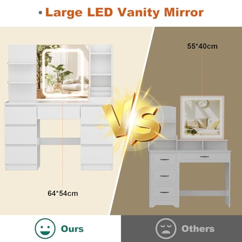 TRIUMPHKEY Dressing Table, Vanity Desk with Large Lighted Mirror, Adjustable Brightness, Modern Vanity Table with 7 Drawers, 4 Shelves and 3 Open Compartments for Bedroom, 110x40x139cm, White - Image 6