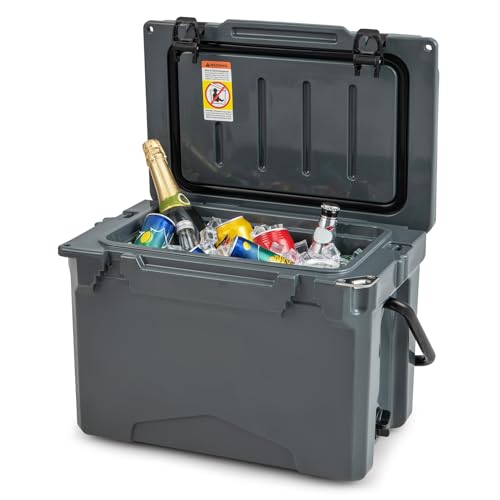 TANGZON 23L/28L Rotomolded Hard Cooler, Insulated Ice Chest with 5-7 Days Ice Retention, Drainage System, Latches & Bottle Opener, Portable Enhanced Ice Cooler Box (23L, with Aluminum Handle, Grey)