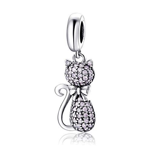 Sparkling Pink Cat Pendant Pet Charm 925 Sterling Silver Cute Cat Animal Bead Fit Bracelet,for Christmas Day