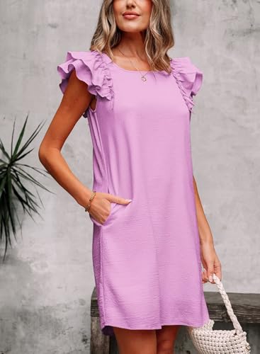 Image of Falechay Womens Summer Dresses Bow Tie Back Sundresses for Women Ruffle Short Sleeve Dress Casual Cute Sundress with Pockets