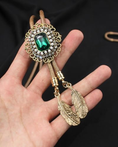 Image of PEARLY JUN Bolo Tie for Men Women Rhinestone Cowboy Brown Country Style Handmade Leather String Rodeo Festive Days Gifts