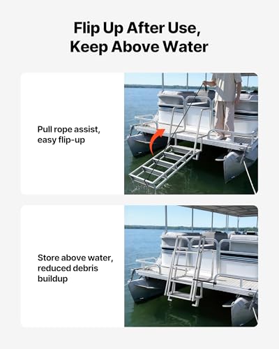 Image of VEVOR Flip-Up Dock Ladder, 5-Step, Heavy-Duty Aluminum Alloy Pontoon Boat Swim Ladder, with Non-Slip Wide Steps, 350 lbs Weight Capacity, Pull Rope Assist, Comfort Use for Lake Pool Marine Boarding