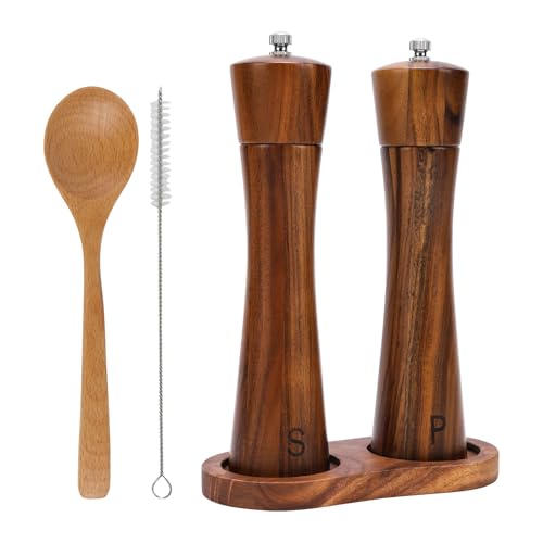HZPZPP|Salt Pepper Grinder|Salt and Pepper Grinder Set Wooden| 2 Piece Acacia Wooden Salt & Pepper Mills with Tray Spoon and Brush, Pepper Mills Shaker Rotor Grinders 8Inch, Brown