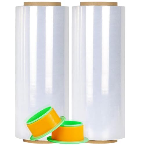 Image of 2 Pack Clear Stretch Film Industrial Strength 12'' x 1000 feet 80 Gauge with Plastic Handle, Clear Wrapping Shrink, Durable Self-Adhering Plastic Wrap for Moving, Shipping CHUANGSEED