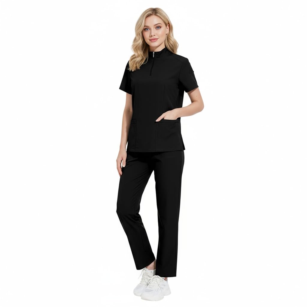 Set de uniformes médicos para mujer con cuello en V y cremallera, cuatro bolsillos, pantalón de yoga elastizado, uniforme de trabajo para atención médica, salón de belleza DK50