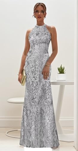 Halter Mother of The Bride Dresses Long Mermaid Formal Dress for Women Sequin Lace Evening Party Gown4
