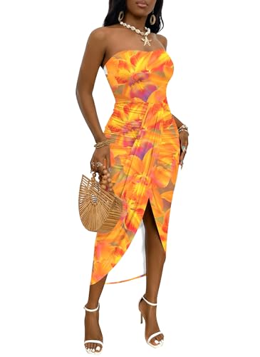 Image of Umenlele Women's Strapless Ruched High Waist Wrap Split Asymmetrical Beach Maxi Long Dress