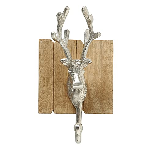 Unbekannt 2 STK große Wandhaken Hirsch Metall/Holz Landhaus braun Silber Farben Hirschkopf Elchkopf Deko Skihütte Apreski Wandhaken Garderobe