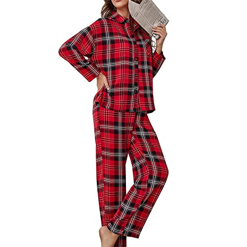 Chickwin Rot Kariert Schlafanzug Damen Zweiteiliger Herbst Winter Warm Weich Weihnachten Pyjama mit Knopfleiste Frauen V-Ausschnitt Langarm...