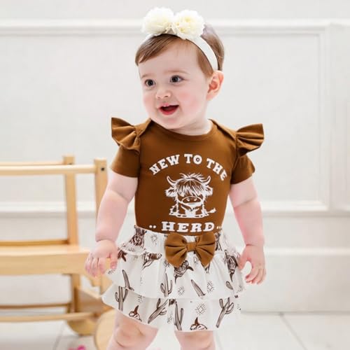 Chloefairy Newborn Baby Girl Western Clothes New to the Herd Romper Cow Print Shorts Set Summer Coming Home Cowgirl Outfit2