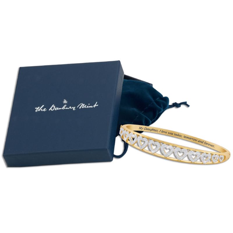 The Danbury Mint My Daughter Forever Diamond Bangle – A Dozen Genuine Diamonds and Hearts – 14kt Gold-Plating – Inscribed Sentiment – Gift for Daughter, #5120-00123