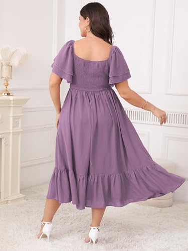 Image of SCOMCHIC Womens Plus Size Wedding Guest Cocktail Dresses Sweetheart Neckline Short Sleeve Smocked Ruffle Slit Maxi Dress