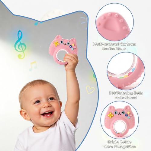Image of Baby Teether Toy Silicone Cat Teething Ring -Game Controller, Baby Rattle Toy Chew Sensory Toys for Babies Over 3 Months, Teething Relief for Newborn Infant Essentials 0-6 6-12 Months, BPA Free -Pink
