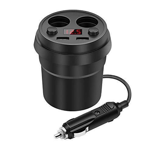 シガーソケット カップタイプ 分配器 2連 独立 スイッチ USB カーチャージャー LCD電圧表示