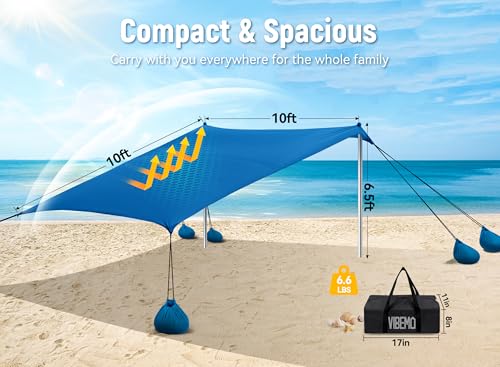 Vibemo Beach Tent, UPF50+ Sun Shelter, 10x10ft Outdoor Canopy with Sandbags, Ground Pegs, Stability Poles & Sand Shovel, Portable Sun Shade for Traveling, Camping, Fishing, Picnics & Backyard Fun - Image 6