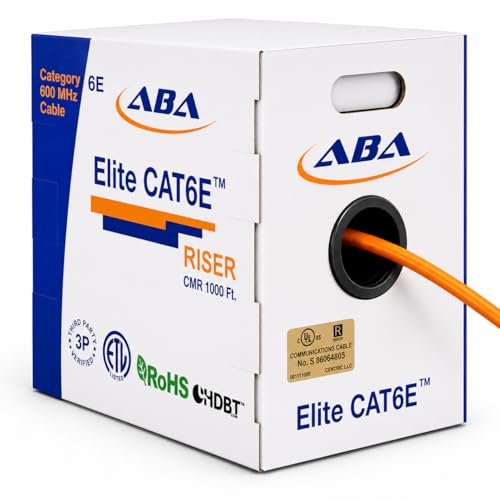 Elite Cat6 CMR Riser (CAT6e) Ethernet Cable 1000ft 24AWG Solid Bare Copper Wire 600MHz w/Spline(Noise Reducing Cross Separator) UL Certified Bulk LAN Cable - Orange