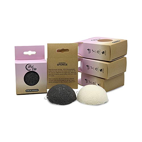 ArtOlo Konjac Sponges Natural Facial Cleansing  Black Charcoal Activated & Pure White Face Sponges - for Exfoliating & Moisturizing (6 Packs with String)