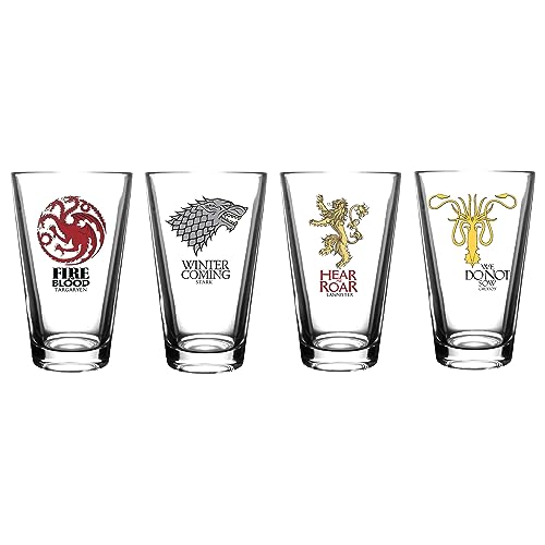 Game of Thrones Collectible Pint Glass Set - Stark, Targaryen, Lannister, Greyjoy - Premium Quality - 16 oz. Capacity - Perfect for Beer