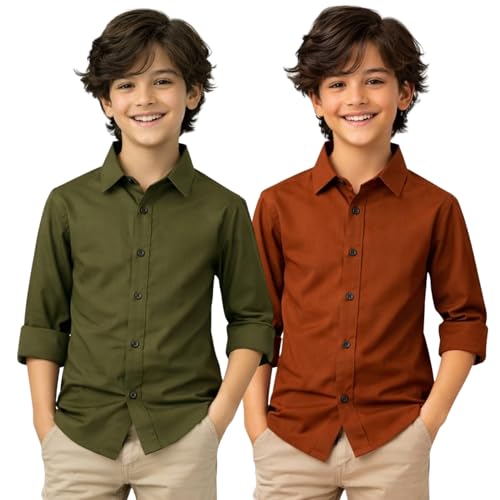 Image of YYQ Pack of 2 Boys Cotton Blend Shirts - Full Sleeve Casual, Soft & Comfortable Spread Collar Shirts