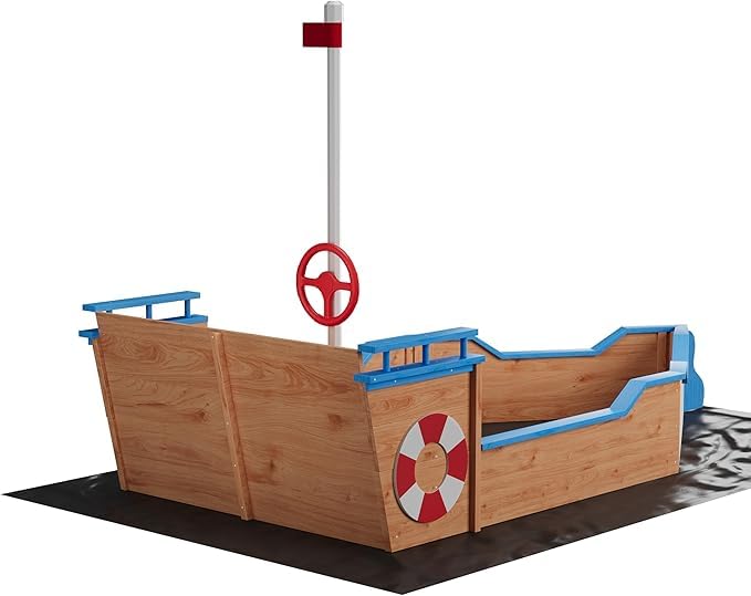 Outdoor Sand Box,Pirate Ship Wooden Sandbox with 2 Bench Seats, Bottom Liner, Kids Sandpit Boat w/Rudder, Realistic Flag, Spacious Kids Sand Pit for Beach Patio, Backyard