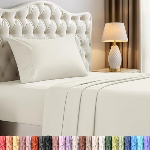 DXPSXJL Twin Sheet Set – 3 Piece Bed Sheets for Twin Size Bed, Soft and Breathable Microfiber, Includes 1 Fitted Sheet, 1 Flat Sheet and 1 Pillowcase – Oeko-Tex (Ivory)