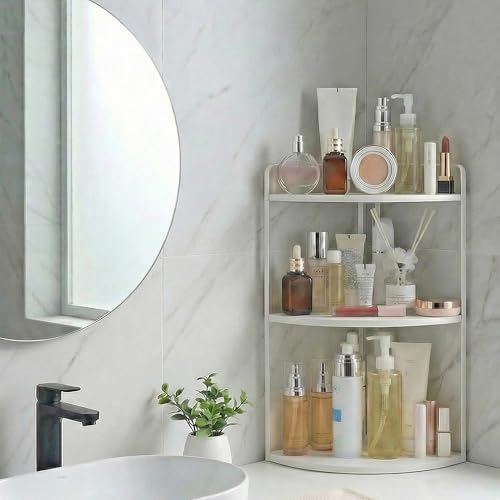 Image of 3 Tier Corner Bathroom Counter Organizer, Countertop Organizer, Makeup Organizer Countertop, Bathroom Storage Sink Shelf, Wooden and Metal Counter Shelf (Large Capacity-White)